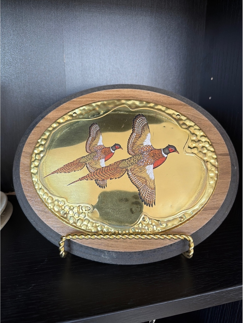 Vintage Decorative Brass and Wood Plaque with Flying Pheasants Design